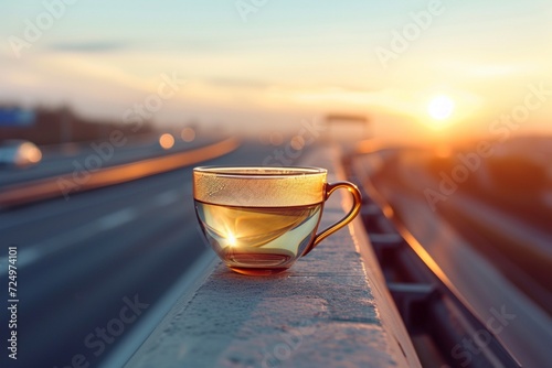 An elegant, glass coffee cup with a contemporary design, resting on a concrete barrier beside a highway photo