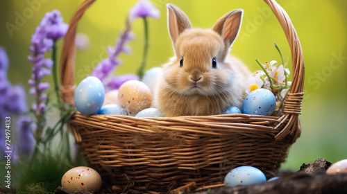 Easter Bunny in a Bed of Flowers, Hosting a Collection of Handcrafted Eggs—a Whimsical Display of Springtime Delight