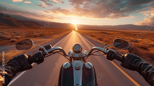 motorbike on the road riding, having fun driving the empty road on a motorcycle tour journey, copyspace for your individual text.