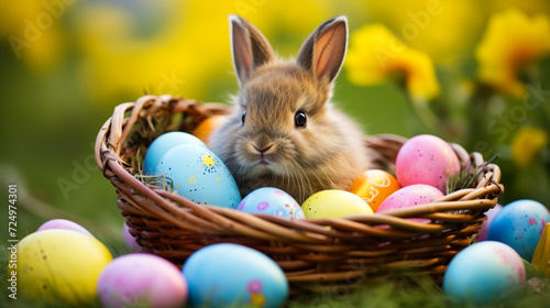 Easter Bunny in a Bed of Flowers  Hosting a Collection of Handcrafted Eggs   a Whimsical Display of Springtime Delight