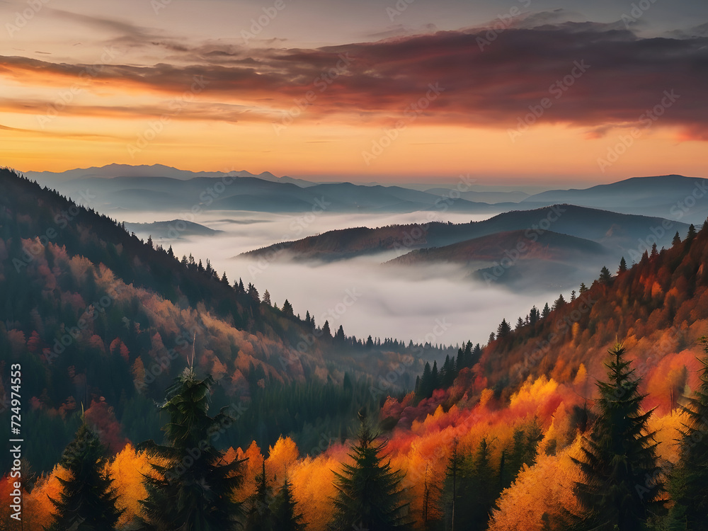 Background, Sunset landscape with high peaks and foggy valley with autumn spruce forest under vibrant colorful evening sky