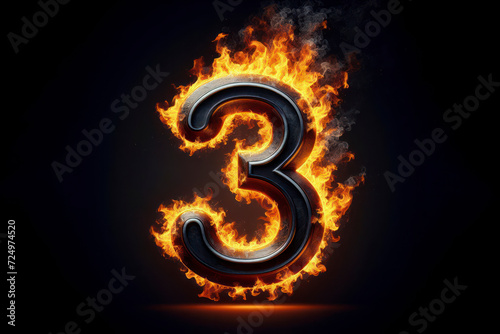 Number 3 with fire growing out isolated on solid black background. ai generative