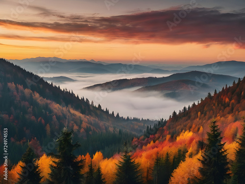 Background, Sunset landscape with high peaks and foggy valley with autumn spruce forest under vibrant colorful evening sky