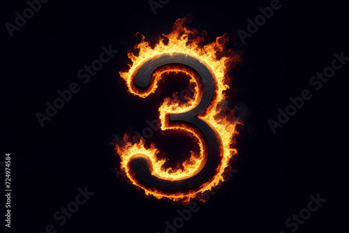 Number 3 with fire growing out isolated on solid black background. ai generative