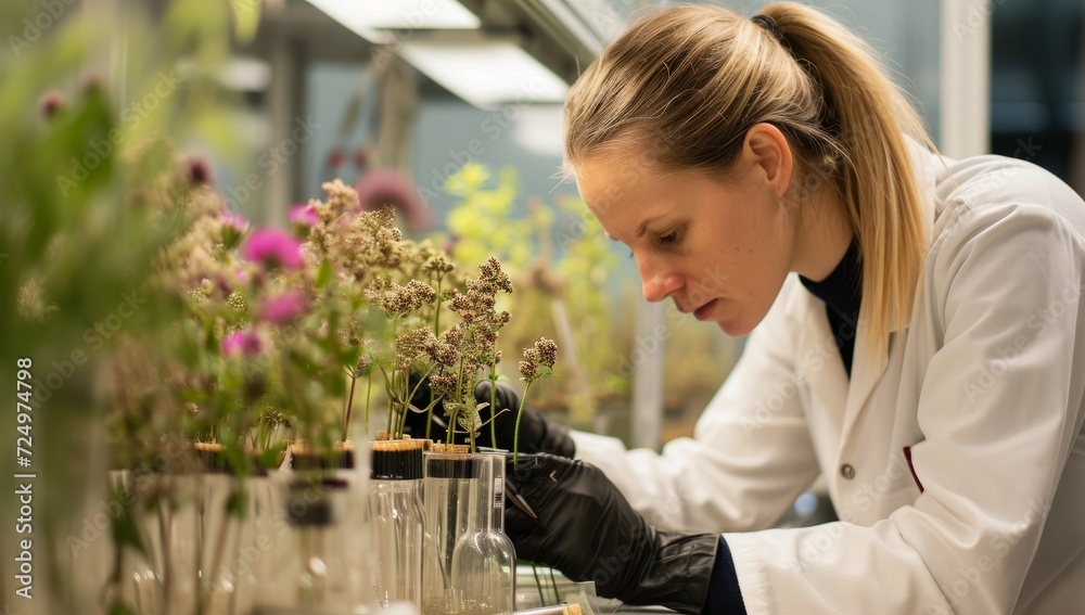 Female scientist examining plants in laboratory Female scientist examining plants in laboratory