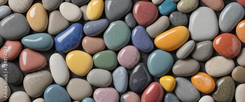 Vibrant stones and pebbles in various colors. Designed for wide viewing. Creative technology.