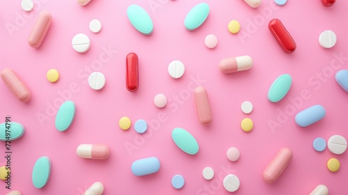 Pastel-Colored Pills Arranged in a Pattern on a Pastel Pink Background - the Concept of Medical Antibiotics and Healthcare