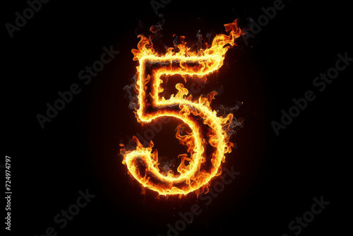Number 5 with fire growing out isolated on solid black background. ai generative