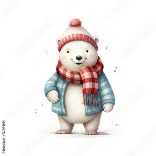 Watercolor Illustration of a smiling cute polar bear in a knitted hat and scarf on a white background.