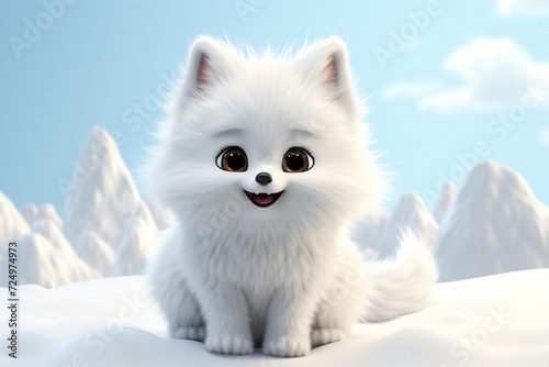 Adorable 3D cartoon arctic fox portrait on an outdoor setting.