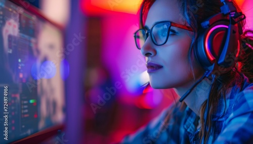 Portrait of female gamer playing online video games with headphones and computer