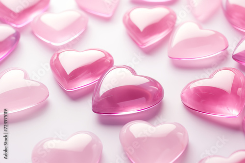Glossy pink hearts scattered on a white surface. Concept for love  Valentines Day  or romantic events  ideal for ads or greeting cards. Copy space available.
