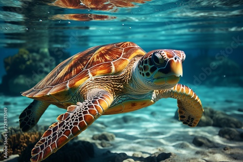 Underwater view of a magnificent sea turtle gracefully swimming © anwel