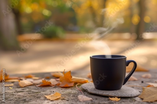 An elegant, matte black coffee cup, steaming gently, placed on a smooth stone surface amidst a park setting. The background softly focuses on the scattered autumn leaves