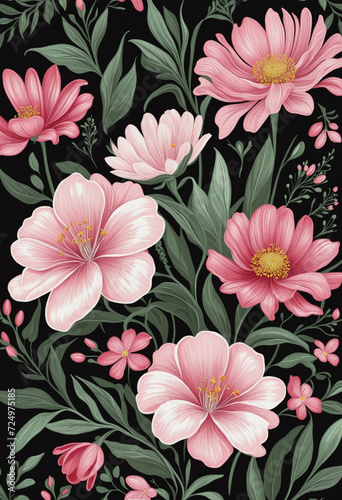 Dark background floral arrangement. Vertical botanical art illustration.