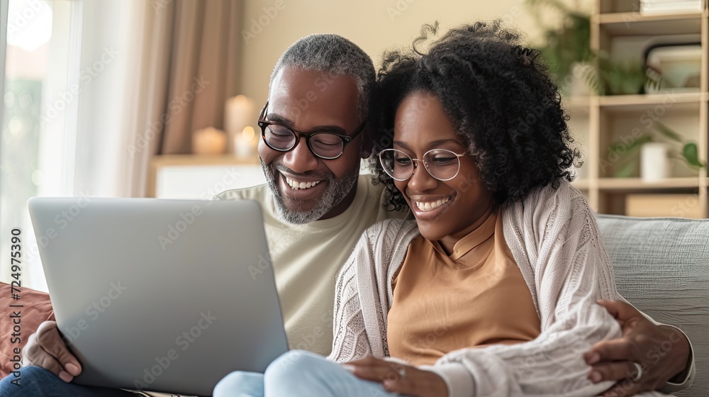Pleasant family couple sitting looking at laptop screen. Happy young spouse web surfing, making purchases online or booking flight tickets. Pleasant family couple sitting looking at laptop screen. Happy young spouse web surfing, making purchases online or booking flight tickets.