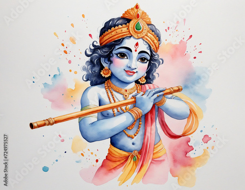 Watercolor illustration of Lord Krishna playing the flute during the Dahi Handi festival for the joyous occasion of Shree Krishna Janmashtami.