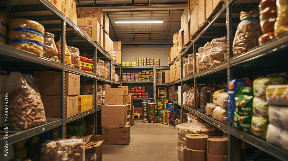 A food bank storage room filled with donations a key resource in combating hunger. - obrazy, fototapety, plakaty 