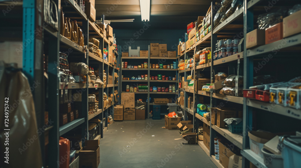 A food bank storage room filled with donations a key resource in combating hunger. - obrazy, fototapety, plakaty 