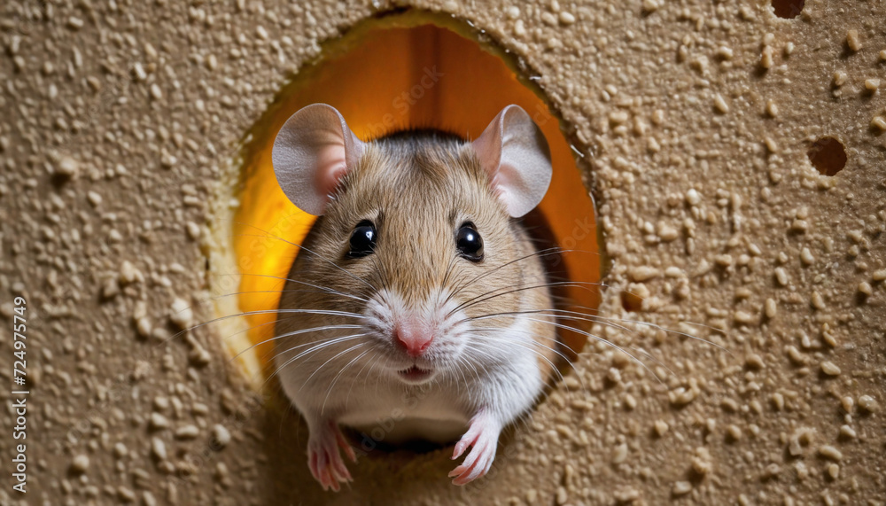 Head of a mouse seen through a hole representing rodent infestation at home eating the food and
