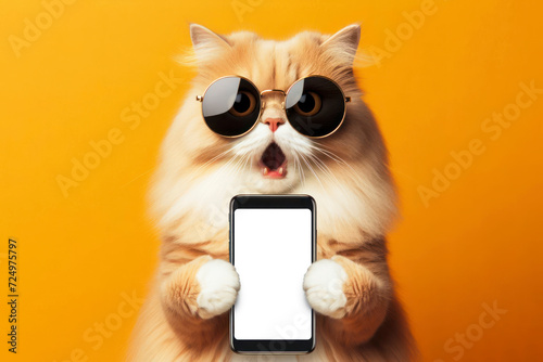 Shocked cat in sunglasses holding smartphone with white mockup screen on color background. ai generative