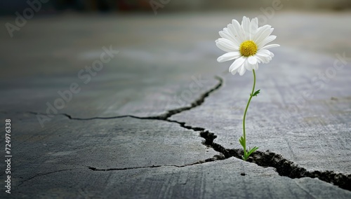 White daisy flower growing through crack in cement floor with copy space © Meow Creations