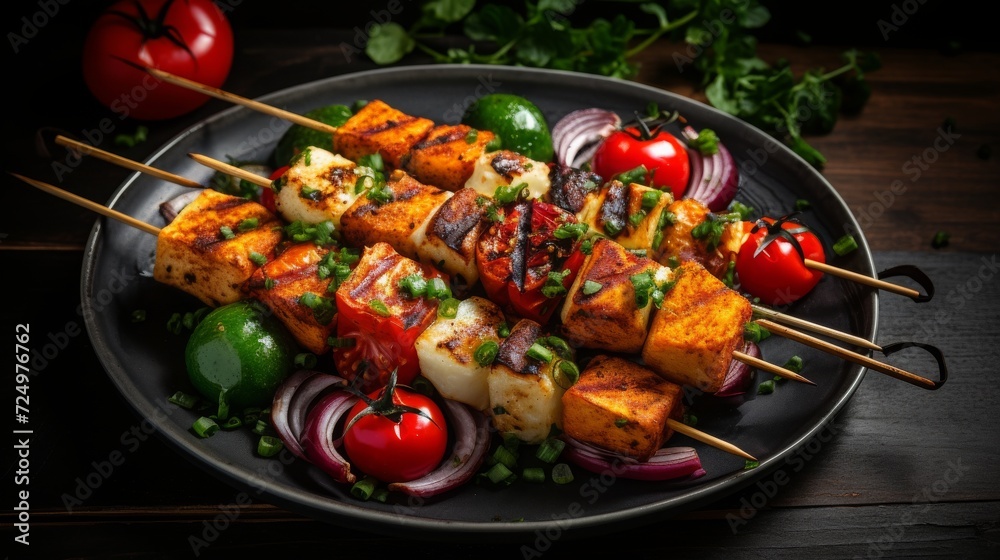 Halloumi skewers with vegetables, food photography, 16:9