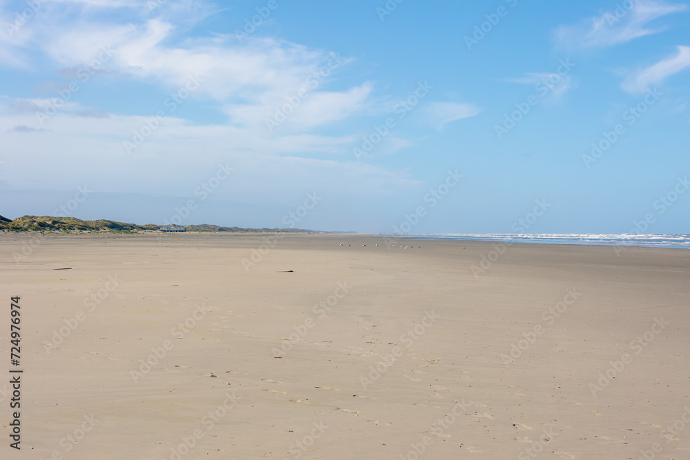 Landscape view of wide and long beach, White sand under blue sky and white puffy could, The Dutch Wadden Sea island Terschelling, A municipality and an island in the northern, Friesland, Netherlands.
