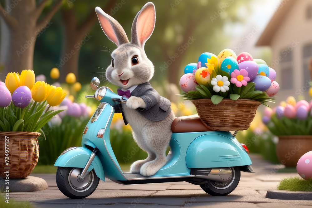 Cute cartoon rabbit on a scooter with easter eggs.
