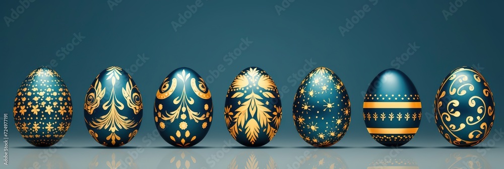 set of Elegant blue and gold decorated Easter egg collection on dark blue background, a sophisticated take on holiday traditions.