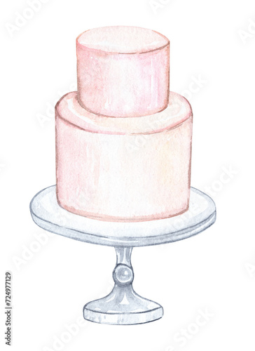 Watercolor wedding cake on stand illustration isolated on white