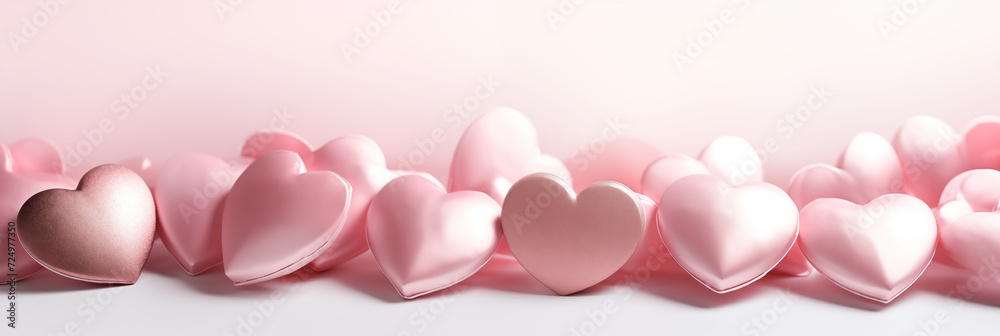 Multiple glossy pink hearts scattered on a clean, spacious white background. Concept for love, romance, Valentines Day promotions or greeting cards.