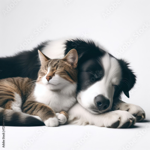 Cat and dog sleeping. Puppy and kitten sleep. Dog and cat together, cat and dog together on the floor indoor, friendly, Fluffy friends, cat and dog lying, high quality portrait, isolated background.