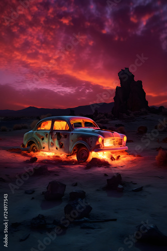 an old car burning on a deserted desert at night