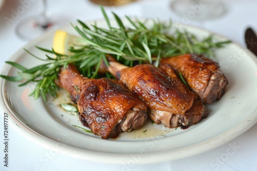 Close-up of duck confit on a white porcelain plate. Traditional French dish of slow-cooked duck legs garnished with arugula leaves. The calling card of French cuisine.