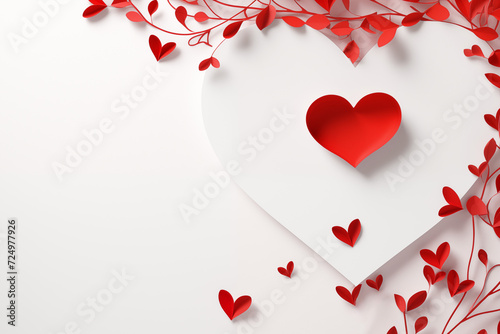 Caucasian hand holding white heart envelope, scattered red hearts. Concept: Valentines Day greetings, love letters, romantic proposals. Copy space.