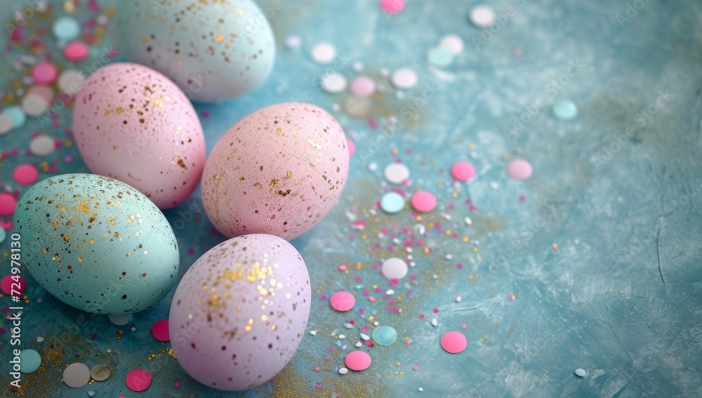 Easter background with pastel colored eggs and confetti on blue