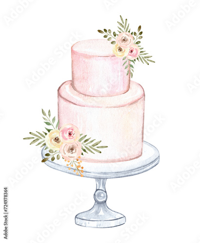 Watercolor pink wedding cake on plate with flowers illustration isolated on white