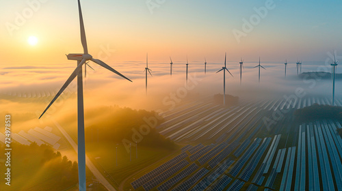 Fields of renewable and alternative energies, solar energy and wind turbines. Environment concept