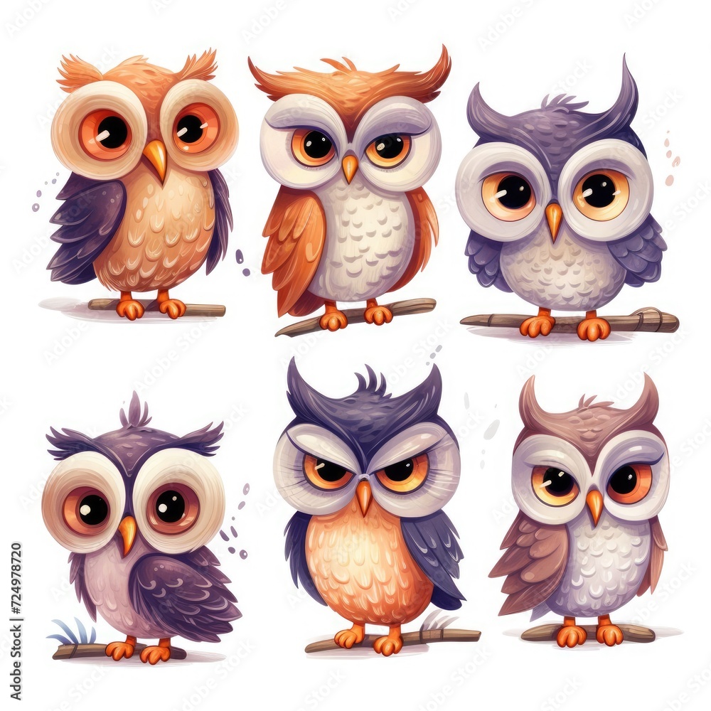 Set of cute owls on white background