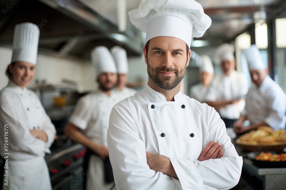 Portrait of chef standing with his team on background in commercial kitchen at restaurant