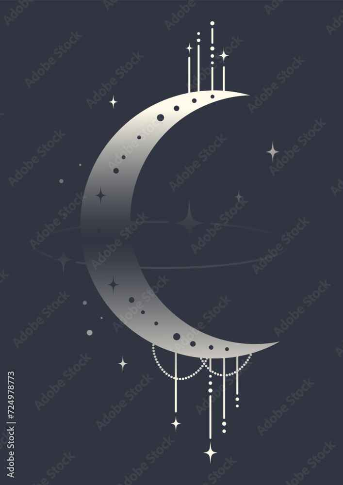 Mystical drawing of moon and outer space poster. Boho minimalist printable wall art.