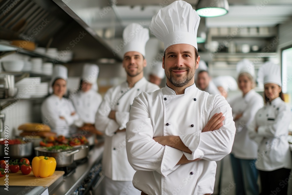 Portrait of chef standing with his team on background in commercial kitchen at restaurant