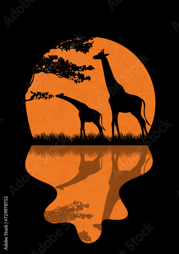 Night savanna and full moon minimalist poster. Calm landscape, wild nature of Africa, giraffes near water
