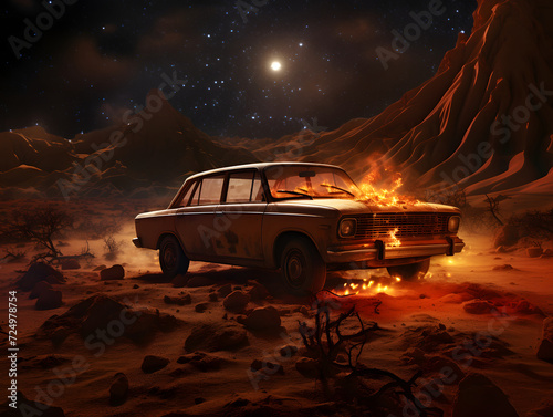 an old car on fire in the desert with sand and stars