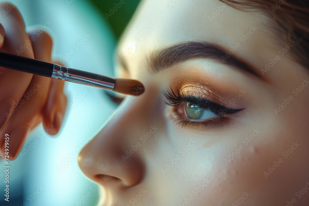Close up portrait of beautiful young woman applying eyeshadow powde