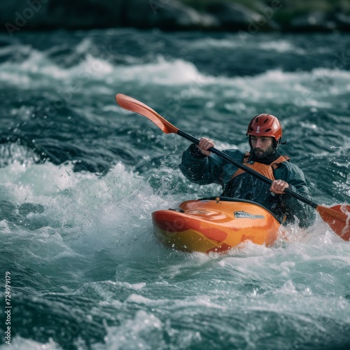 A fearless kayaker rides the rushing waves of a wild river, embracing the thrill of outdoor recreation while expertly navigating his trusty watercraft