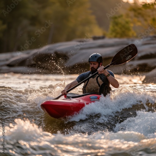 A lone kayaker braves the wild rapids, navigating his sleek watercraft with skill and determination while surrounded by the beautiful outdoor scenery © Dejan