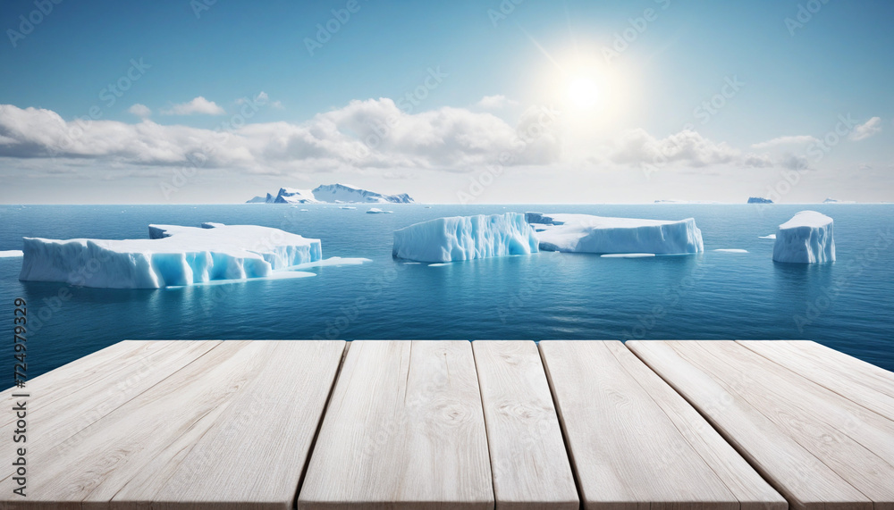 Wooden table with iceberg backdrop, showcase stage for product display, ample room for text