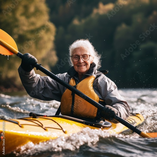 Embracing the wildness of the water, a woman navigates her bright yellow kayak, paddling through the tranquil river with her trusty life jacket, seeking adventure and enjoying the freedom of outdoor 